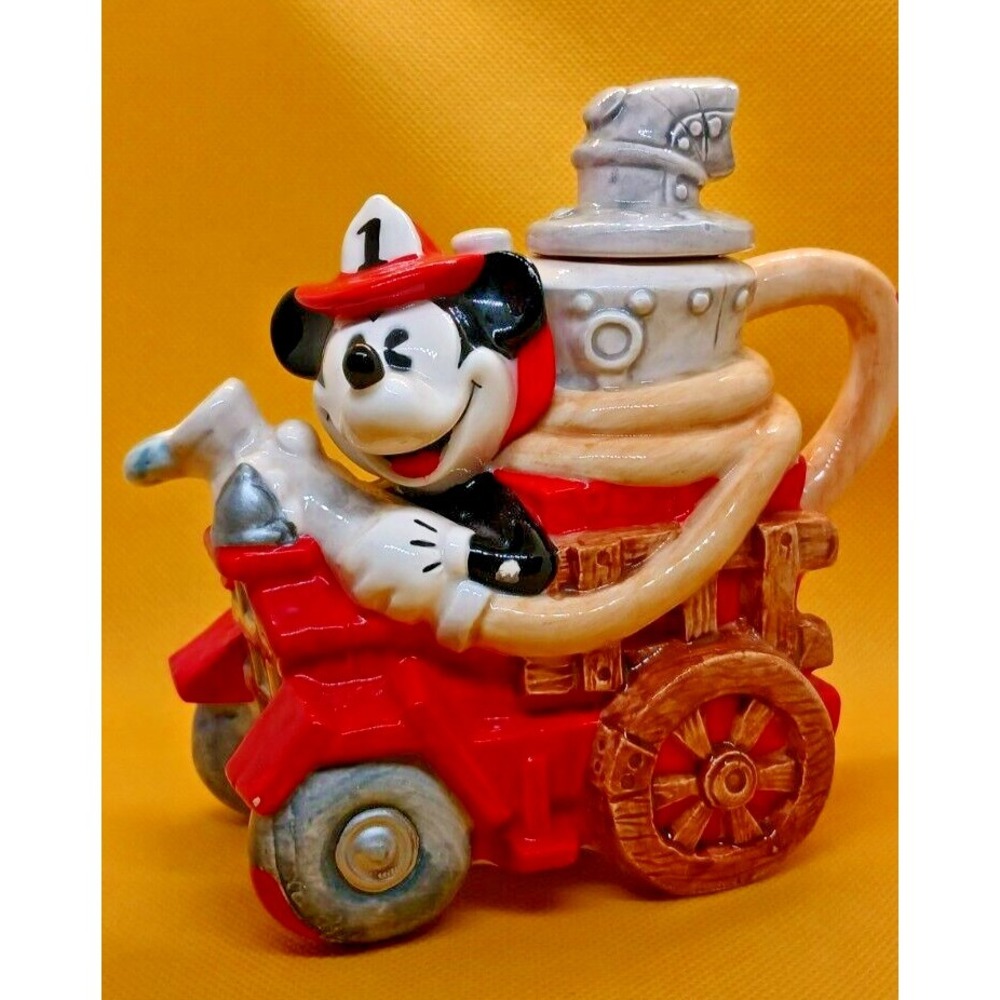 Vintage Disney Enesco Mickey Mouse Fire Brigade Hand-Painted Ceramic Teapot!